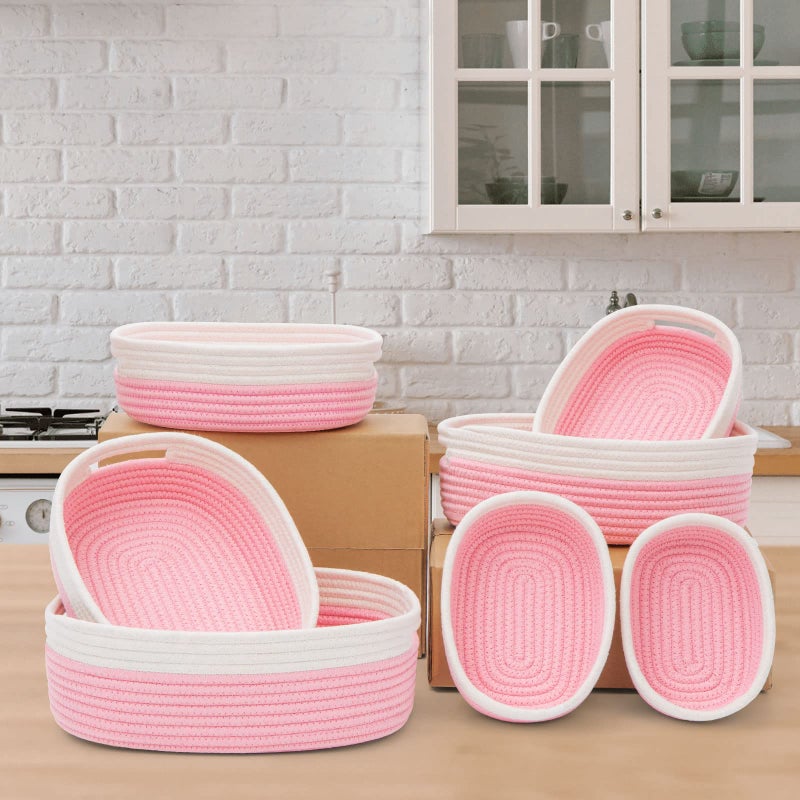 HLWDFLZ 7 Piece Cotton Rope Woven Basket Set - Small Basket for Baby Nursery, Pets, Montessori, Dog & Cat Toy Boxes, Bathroom Organization Bins (White/Pink) - Image 4